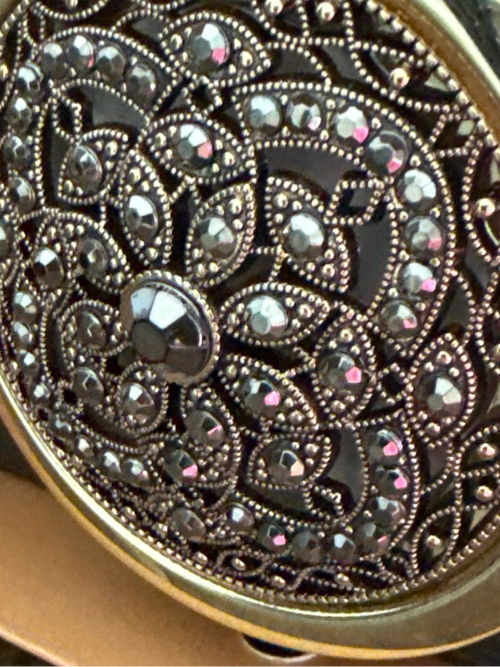 Monet Gold and Black Filigree Compact with Clear Rhinestones - Picture 3 of 6